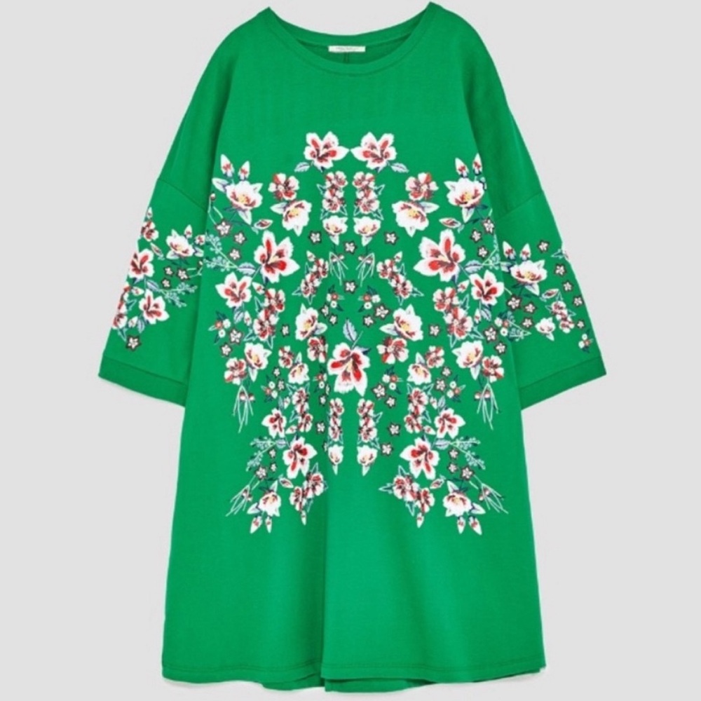Zara Green Floral Short Sleeve Mini Dress